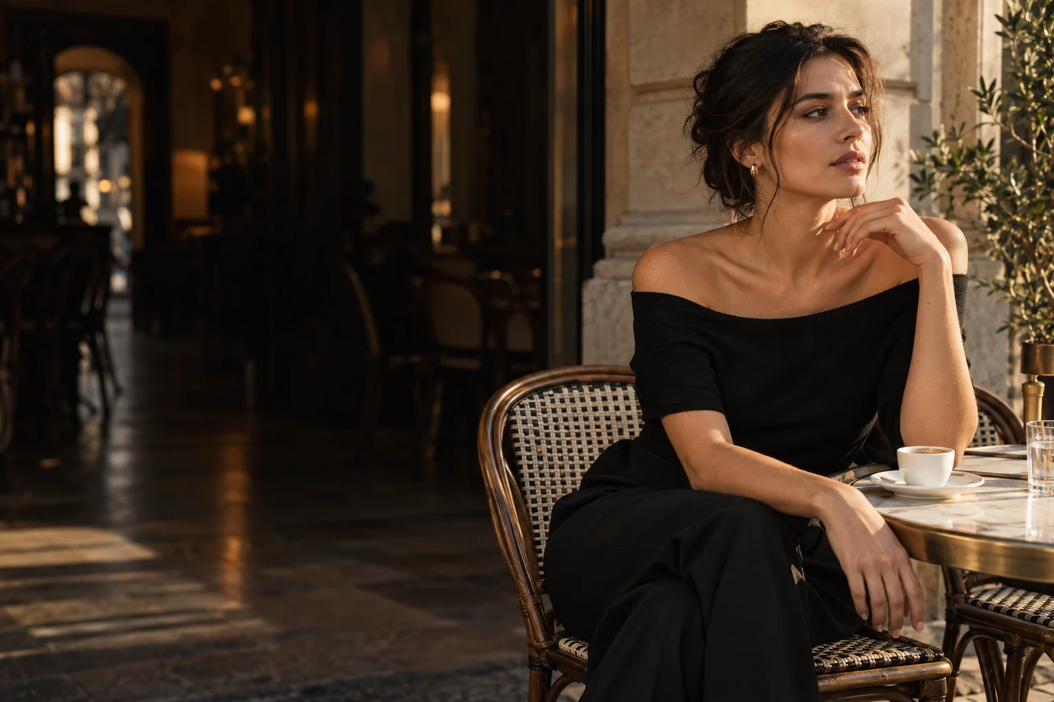 Fashion-изображение, созданное ИИ: женщина в чёрном топе за столиком кафе.